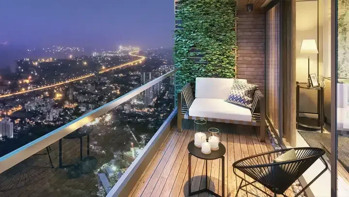 Elegant living room with blue ottoman